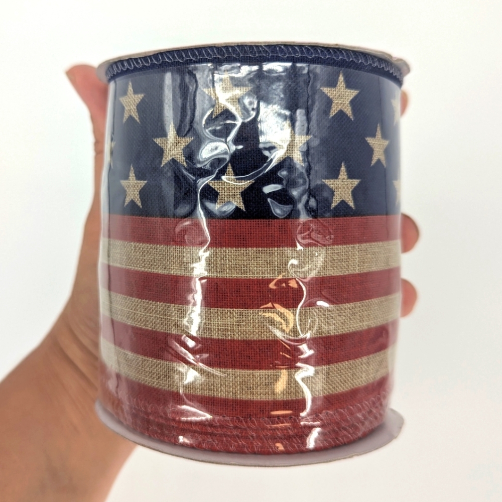 Linen Red Blue Flag Striped Star Wired Party Decorations Ribbon 4" Wide 4 July